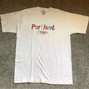 Vintage Portland Oregon Embroidered T-Shirt White USA Made 90s Style Sz L